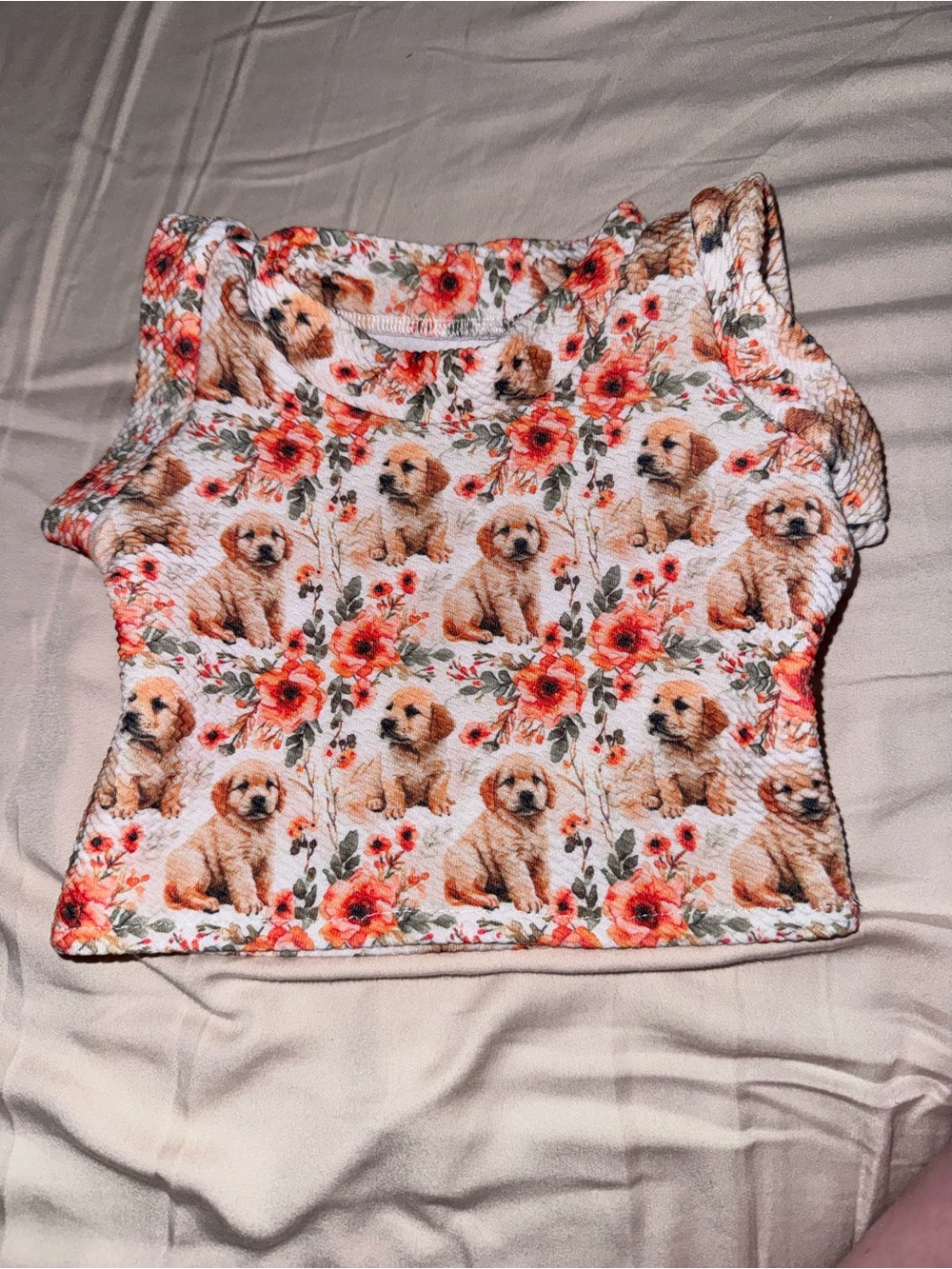 Cute golden retriever Puppy & Floral Cropped Top in White and Coral